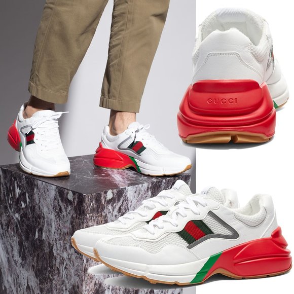 GUCCI SNEAKERS RHYTON WHITE LEATHER FABRIC with WEB CHUNKY SHOES sz 9 9.5 - Picture 1 of 15